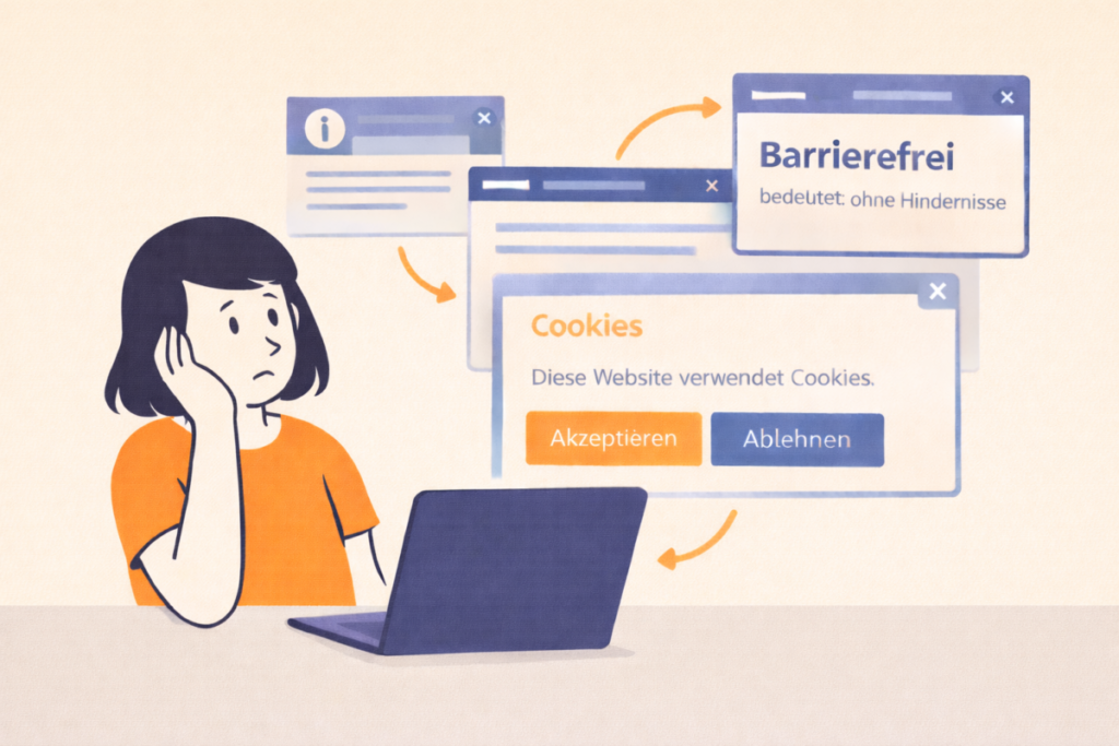 Frau sitzt ratlos vor Laptop, im Hintergrund Abbildungen von Cookies und Pop-Ups