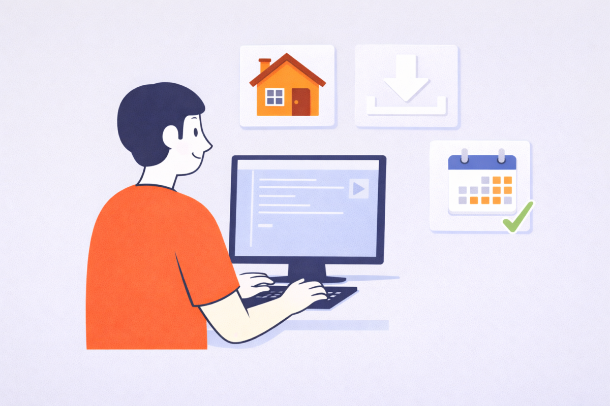 Illustration: Mann sitzt vor Laptop, im Hintergrund Haus- und Kalender-Symbol.