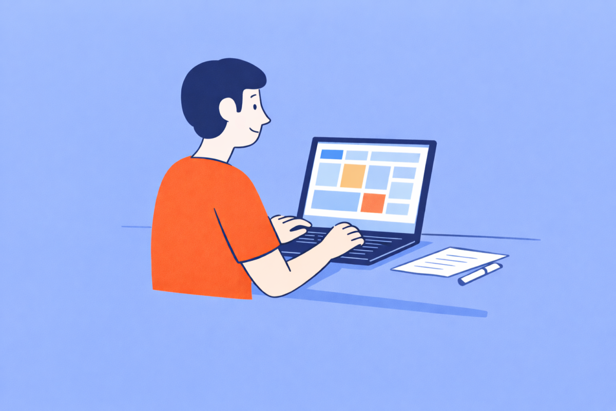 Illustration: Mann sitzt am Laptop